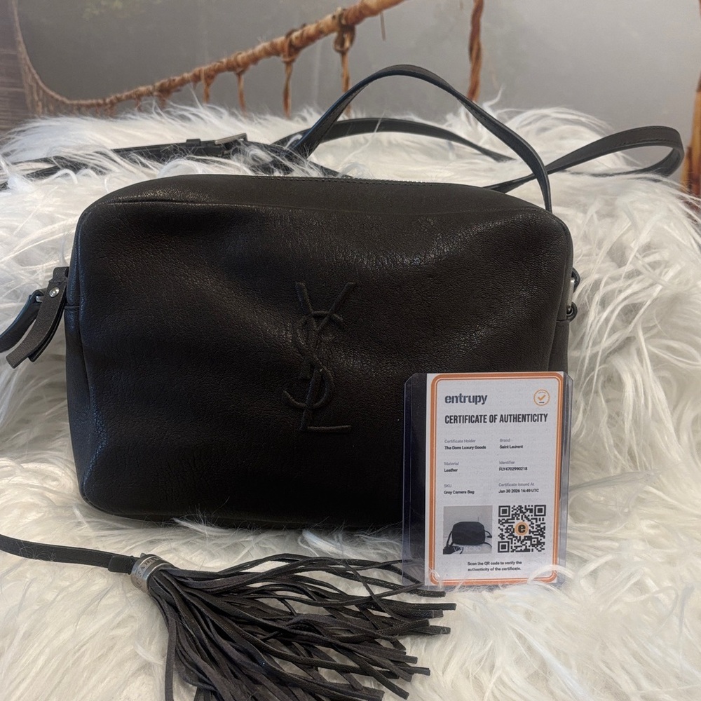 Saint Laurent Gray Leather Crossbody Camera Bag with Tassel